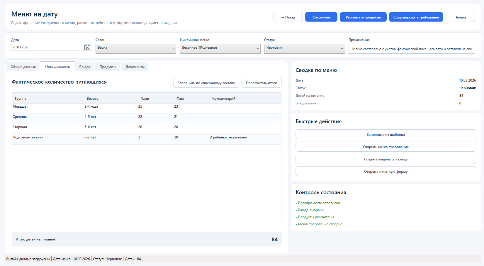 Экран расчета потребности в продуктах